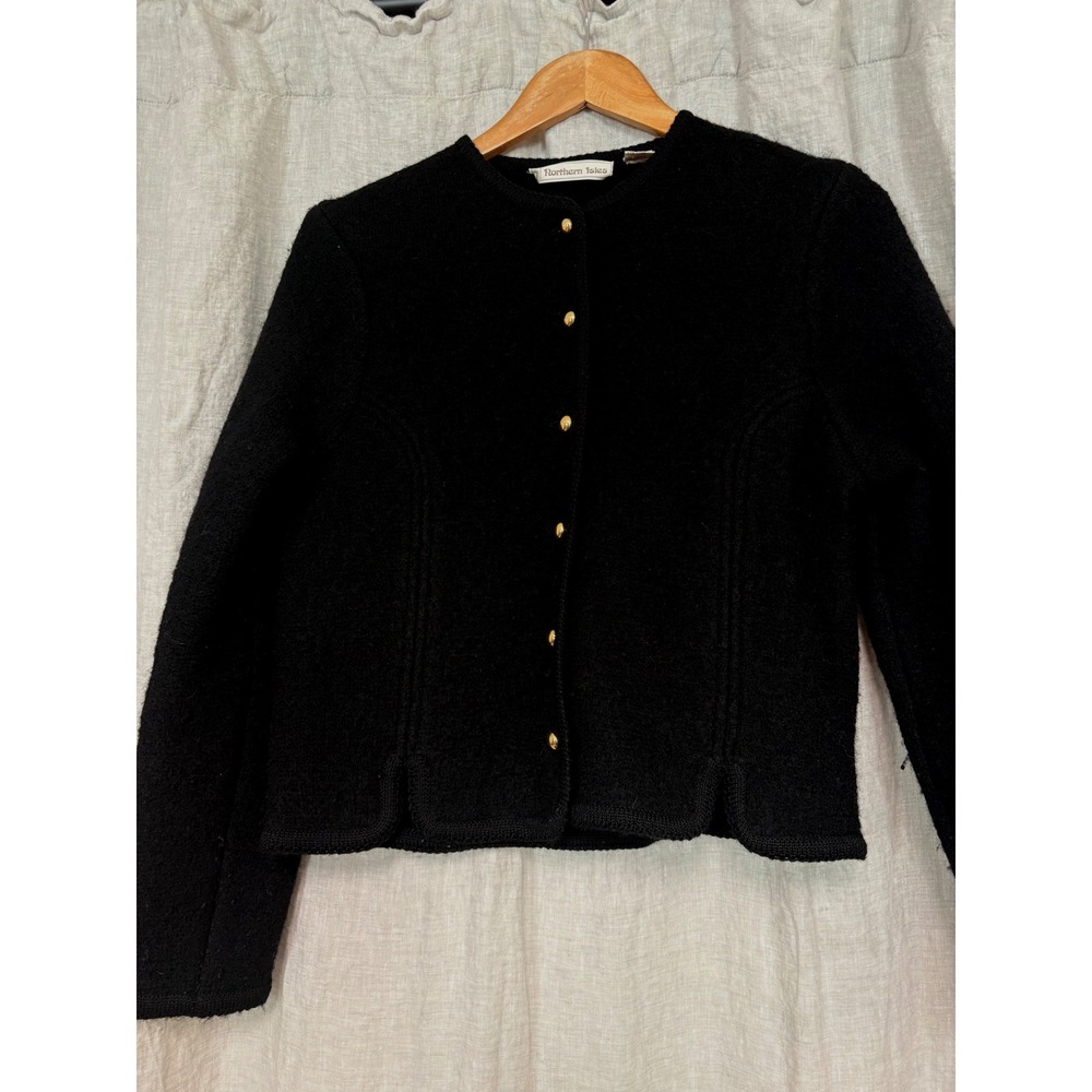 Northern Isles Vintage Black 100% Wool Cardigan Gold Button Sweater Womens 7/8